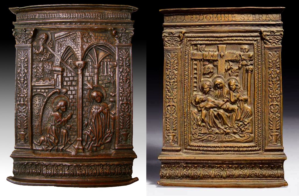 Fig. 01 (left): Annunciation pax (Buttazzoni collection); Lombard (probably Milan), ca. 1500 (frame and cast, relief prototype possibly earlier); Fig. 02 (right): Lamentation pax (Private collection; Koller auktion, 30 March 2009, Lot 337); Lombard (probably Milan), ca. 1500