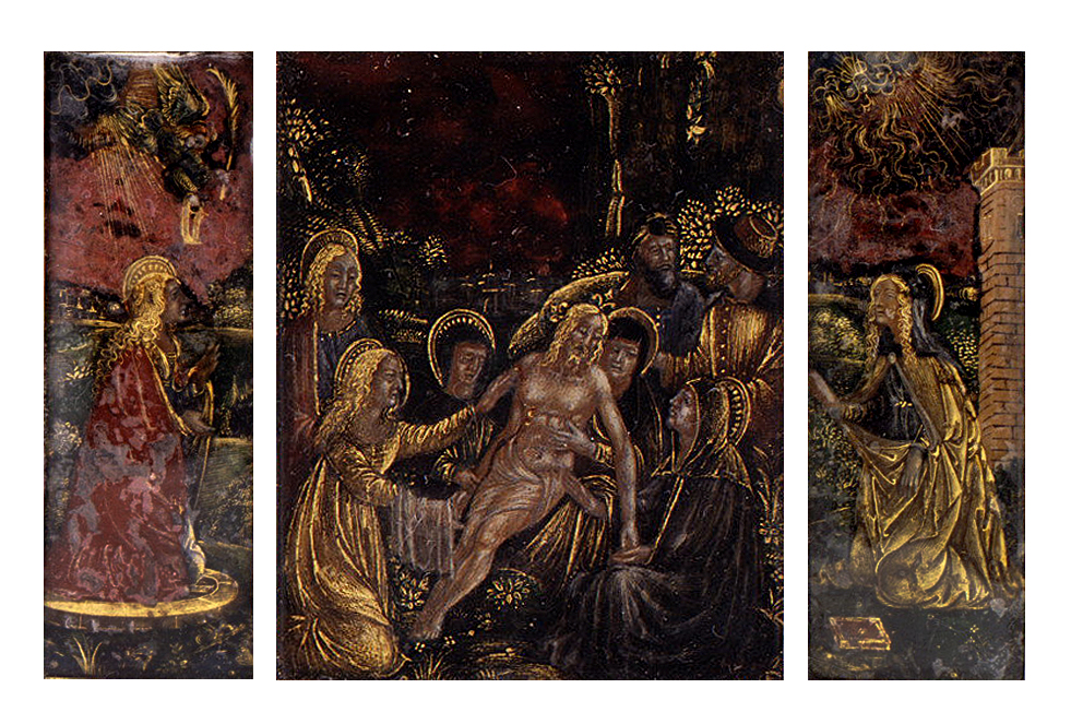 Fig. 07: Reverse painted and gilt rock crystal triptych of the Annunciation, Lamentation and Mary Magdalene (MET)