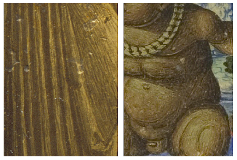 Fig. 06: Detail of the Sacred Conversation reverse gilt and painted rock crystal (LACMA; left); Detail of border by Giovanni Pietro di Birago from the frontispiece of Giovanni Simonetta’s Sforziada, 1490 (Biblioteka Narodowa, Warsaw; Inc. F.1347, right)