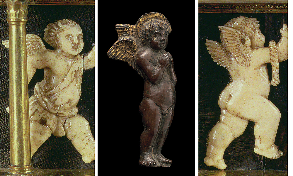 Fig. 21: Details (left, right) from the Reliquary of the Holy Girdle of the Virgin by Maso di Bartolomeo (Prato Cathedral); Angel applique (National Gallery of Art, Washington DC; Inv. 1957.14.393), here attributed to Maso di Bartolomeo and his workshop (center)