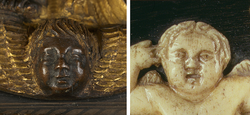 Fig. 22: Detail (left) of a winged-putto-head applique from a remarkable Florentine pax, here attributed to Maso di Bartolomeo and his workshop (Kollenburg Antiquairs; detail (right) from the Reliquary of the Holy Girdle of the Virgin by Maso di Bartolomeo (Prato Cathedral)
