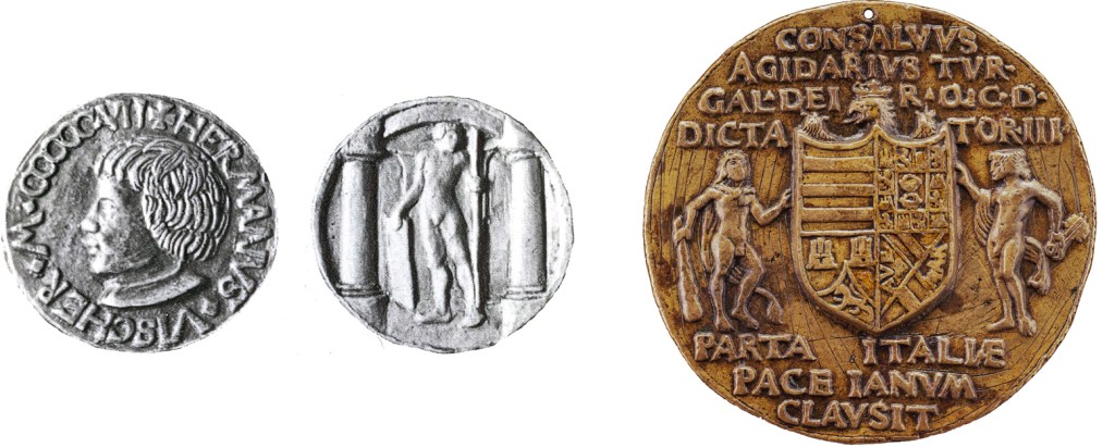 Obverse and reverse of a brass self-portrait medal of Hermann Vischer der Jüngere, 1507, Nuremberg (left and center, Cabinet des Medailles, Bibliotheque Nationale, Paris); Reverse of a bronze medal depicting the Battle of Cannae, by Hermann Vischer der Jüngere (?), ca. 1506-07 (?), Venice (?) (right; National Gallery of Art, DC, inv. 1957.14.273.b)