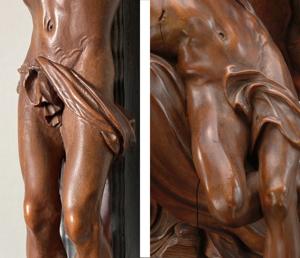 Fig. 4 – Detail of a boxwood crucifix here attributed to Matthieu van Beveren or his atelier, ca. 1660s (left; art market); detail of Christ from a boxwood figural group of the Lamentation attributed to Matthieu van Beveren or his workshop, 17th century (right; Metropolitan Museum of Art, NY, inv. 64.164.242)