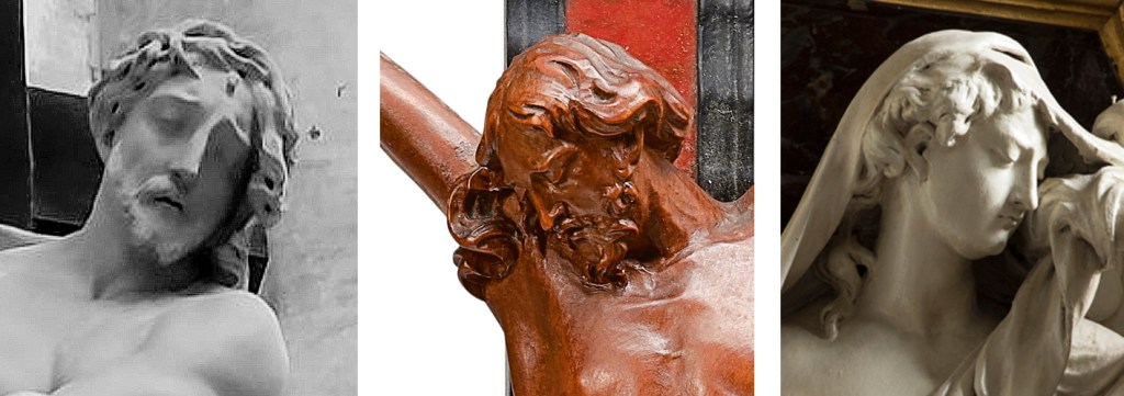 Fig. 5 – Detail of a stone figure of Christ (Ecce Homo) by Matthieu van Beveren, 1661 (left; Church of St. James, Antwerp); detail of a boxwood crucifix here attributed to Matthieu van Beveren or his atelier, ca. 1660s (center; art market);  detail of a polychrome wood angel from the Altar of Seven Sorrows by Matthieu van Beveren, 1668 (right; Dendermonde, Belgium)