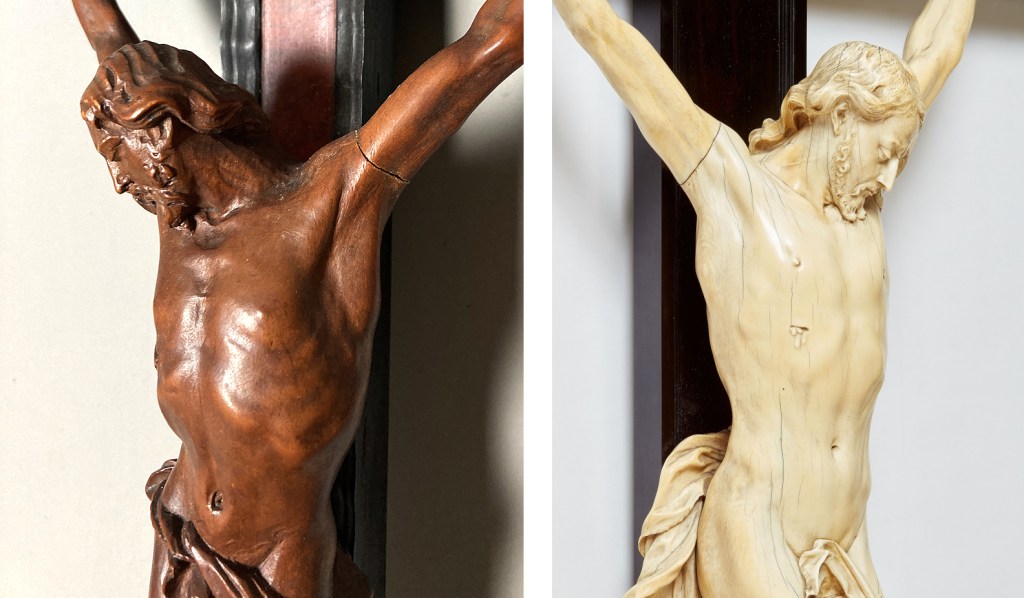 Fig. 7 – Detail of a boxwood crucifix here attributed to Matthieu van Beveren or his atelier, ca. 1660s (left; art market); detail of a large ivory crucifix attributed to Matthieu van Beveren (right; Lempertz auction)
