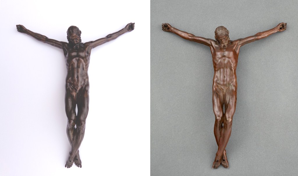 Fig. 1: A bronze crucifix, after a model by Michelangelo, ca. 1538-41 (left; private collection; photo: © GCF); a bronze crucifix, after a model by Michelangelo, ca. 1538-41, docmented in Seville 1597 (right; IOMR collection)