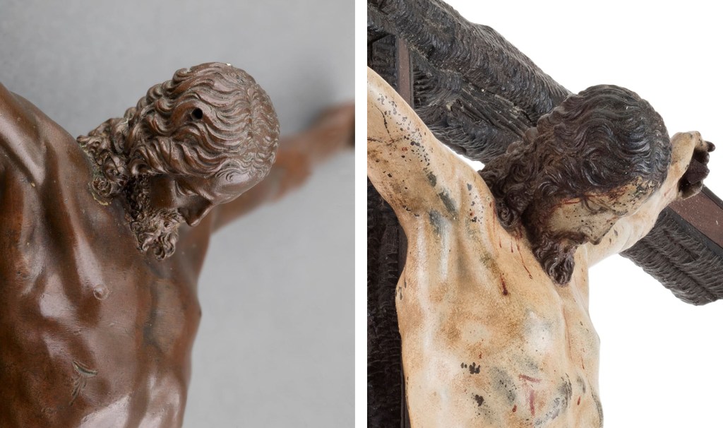 Fig. 4: Detail of a bronze crucifix, after a model by Michelangelo, ca. 1538-41, documented in Seville 1597 (left; IOMR collection); detail of a polychromed bronze crucifix cast by Juan Bautista Franconio, ca. 1597-1600, after a model by Michelangelo and painted by Francisco Pacheco after 17 January 1600 (right; private collection)