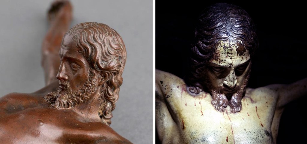 Fig. 5: Detail of a bronze crucifix, after a model by Michelangelo, ca. 1538-41, documented in Seville 1597 (left; IOMR collection); detail of a polychromed bronze crucifix cast by Juan Bautista Franconio, ca. 1597-1600, after a model by Michelangelo and painted by Francisco Pacheco after 17 January 1600 (right; private collection)