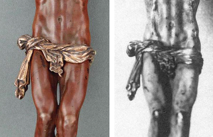 Fig. 6: Detail of a bronze crucifix, after a model by Michelangelo, ca. 1538-41, documented in Seville 1597 (left; IOMR collection); detail of a polychromed bronze crucifix cast by Juan Bautista Franconio, ca. 1597-1600, after a model by Michelangelo and painted by Francisco Pacheco after 17 January 1600 (right; Grand Ducal Palace of Gandia);