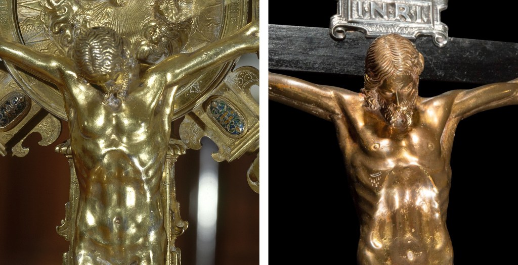 Fig. 8: Detail of a gilt silver crucifix after a model by Michelangelo, probably cast by Andres de Campo Guevara, ca. 1630-31 (left; Museo de los Caminos Astorga); detail of a gilt copper crucifix after a model by Michelangelo, circle or atelier of Andres de Campo Guevara, ca. mid-17th century (right; art market)