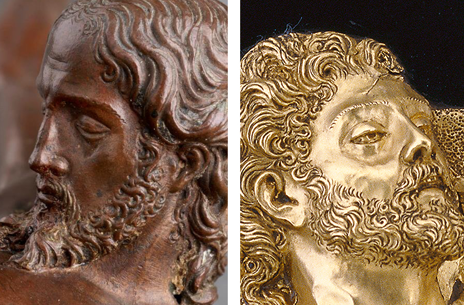 Fig. 16: Detail of a bronze crucifix, after a model by Michelangelo, ca. 1538-41, docmented in Seville 1597 (left; IOMR collection); detail of a repousse gold Pieta or Virgin Mourning the Dead Christ on slate by Cesare Targone, ca. 1586-87 (right; Getty Museum, Inv. 84.SE.121)