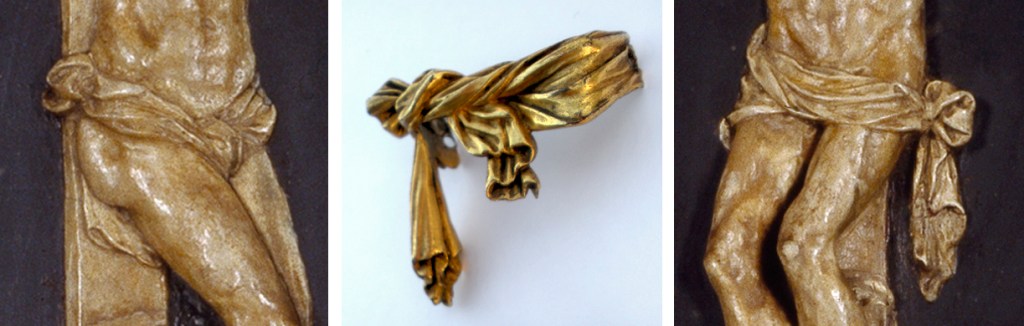 Fig. 17: Detail of a wax relief of the Crucifixion on slate, attributed to Guglielmo della Porta, ca. 1557-68 (left and right; Galleria Borghese, Rome); a gilt bronze perizonium, workshop of Guglielmo della Porta or Bastiano Torrigiani (center; private collection; photo: © GCF)